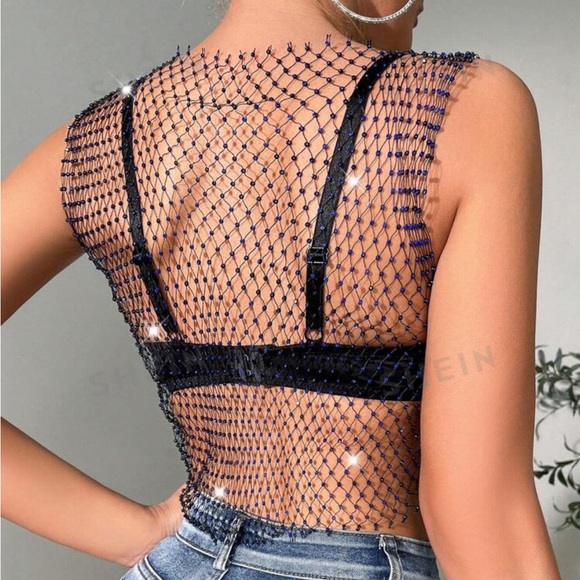 Rhinestone Detail Fishnet Mesh Tank Top Without Bra - Picture 4 of 5